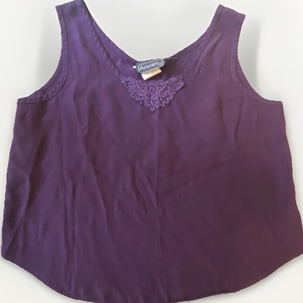 Vintage 90s Anxiety Tank Top Women L Purple Sheer Lace USA Made Sleeveless Vamp